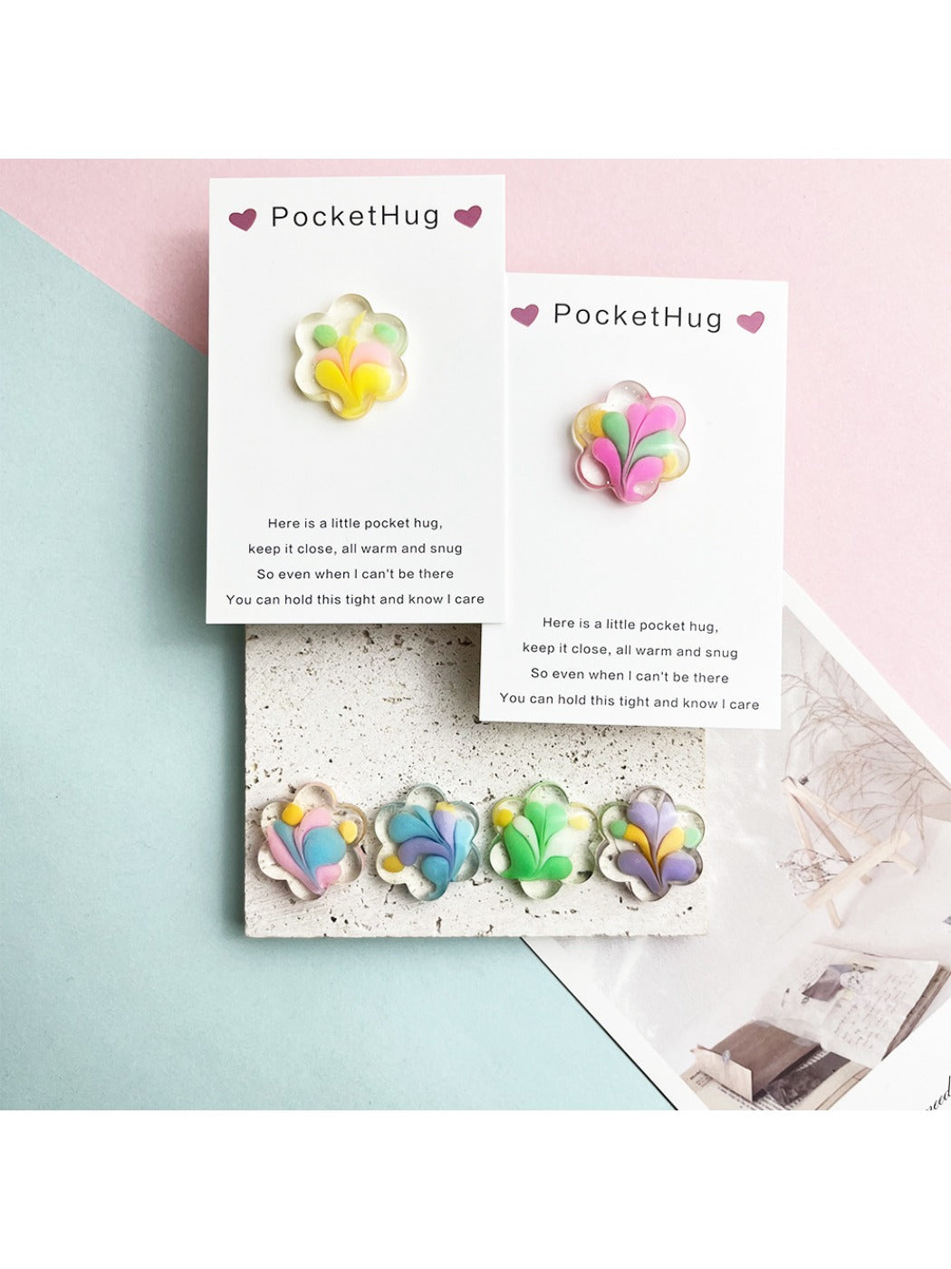Taphug - Pocket Hug Colorful Resin Flower pocket hug card and keepsake token