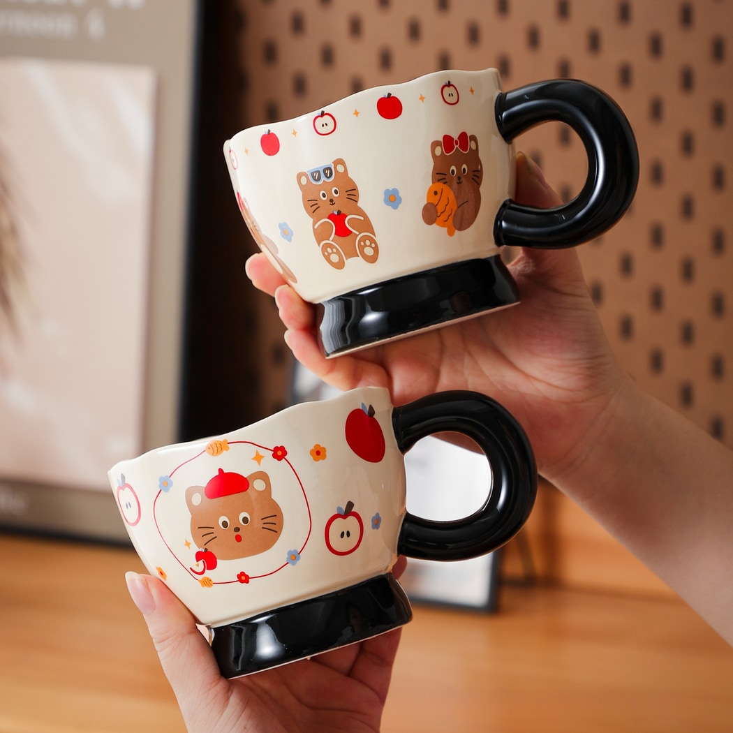 Mivora - Cartoon Apple and Cat Irregular Rim Mug