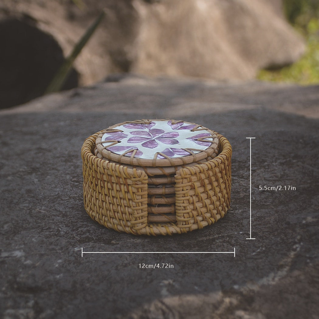 Thimara - Round Floral Pattern Woven Style Coaster Set