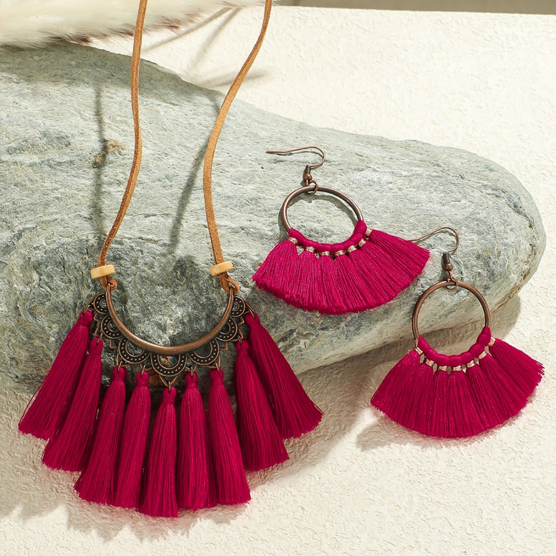 Red Tassel Necklace and Earring Set