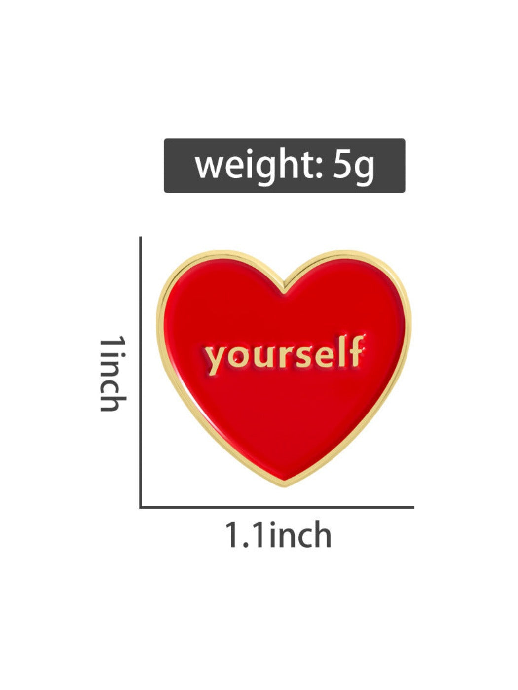 Close-up of Pinori Love Yourself red heart brooch showing smooth surface and gold trim